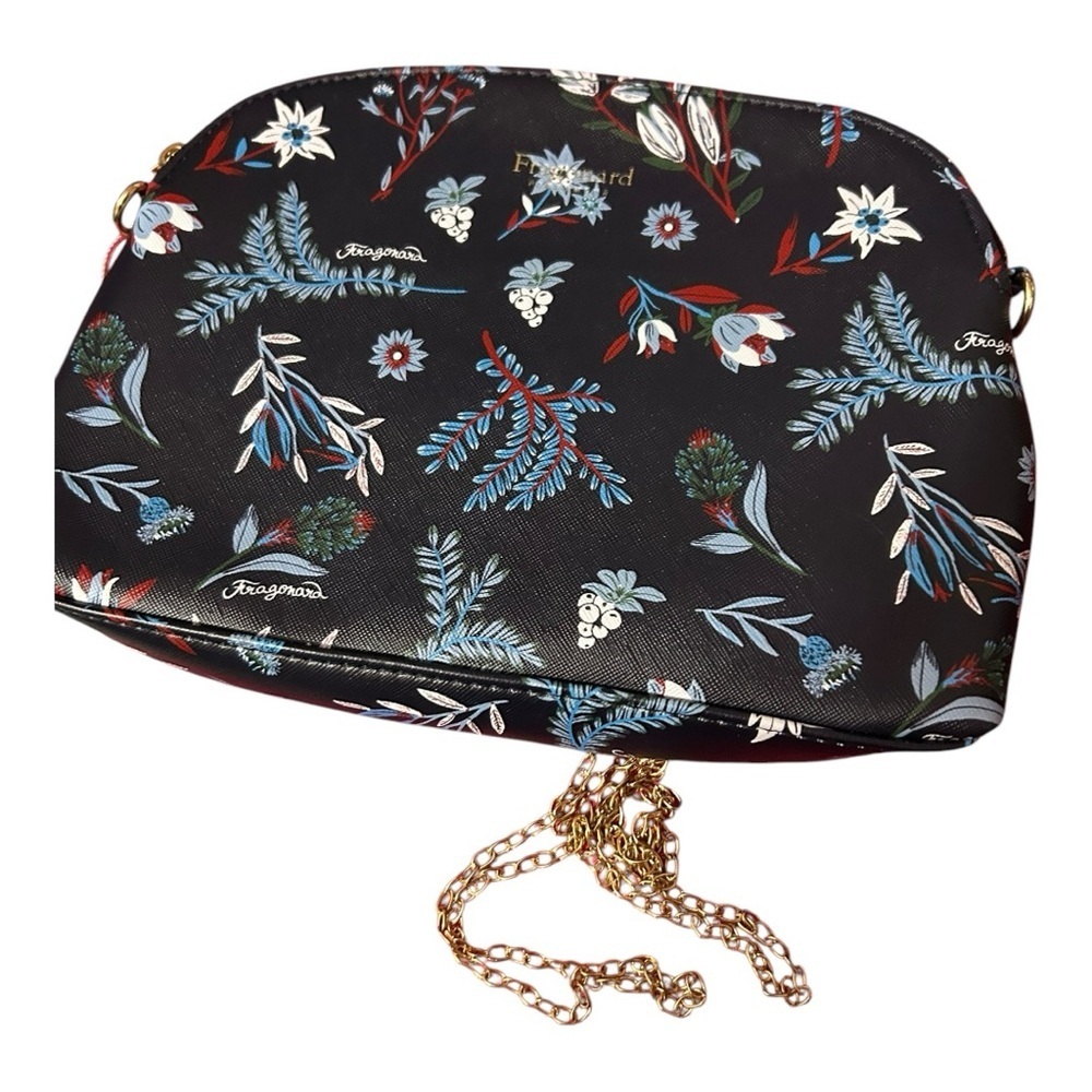 Fragonard Blue and Red Floral Crossbody Bag with Gold Chain